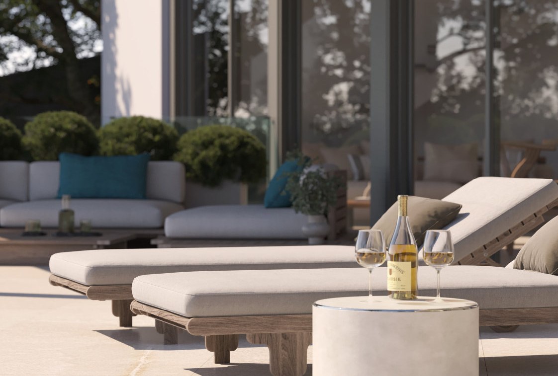 Visualisierung: Sonnenliegen auf der Poolterrasse